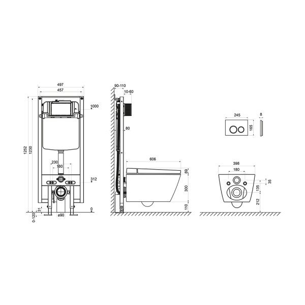Комплект для установки подвесного унитаза: застенный модуль, панель смыва TECEspring, унитаз-биде TECEspring