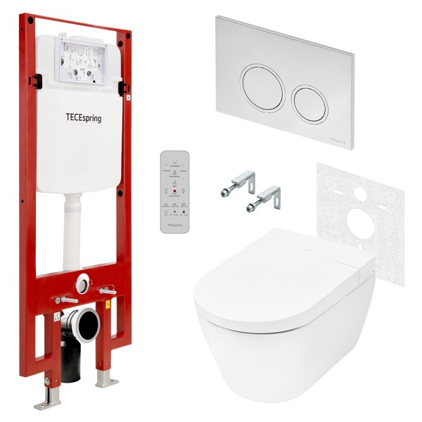 Комплект для установки подвесного унитаза: застенный модуль, панель смыва TECEspring, унитаз-биде TECEspring