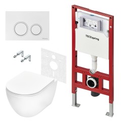 Комплект для установки подвесного унитаза: застенный модуль, панель смыва TECEspring R белая глянцевая с хромированным контуром клавиш, унитаз TECEspring R