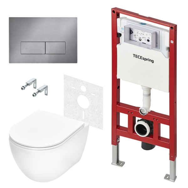 Комплект для установки подвесного унитаза: застенный модуль, панель смыва TECEspring S. нержавеющая сталь, сатин, унитаз TECEspring R