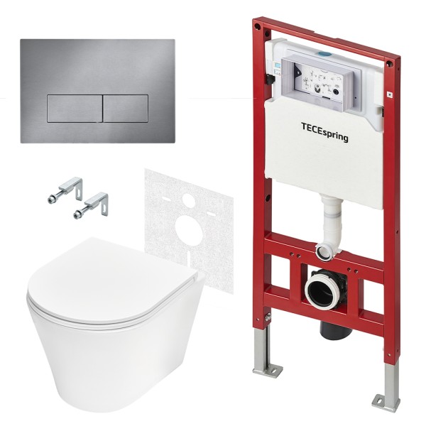 Комплект для установки подвесного унитаза: застенный модуль, панель смыва TECEspring S, нержавеющая сталь, сатин, унитаз TECEspring K