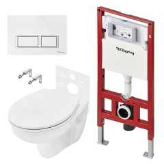 Комплект для установки подвесного унитаза: застенный модуль, панель смыва TECEspring V, белая глянцевая с хромированным контуром клавиш, унитаз TECE Basic
