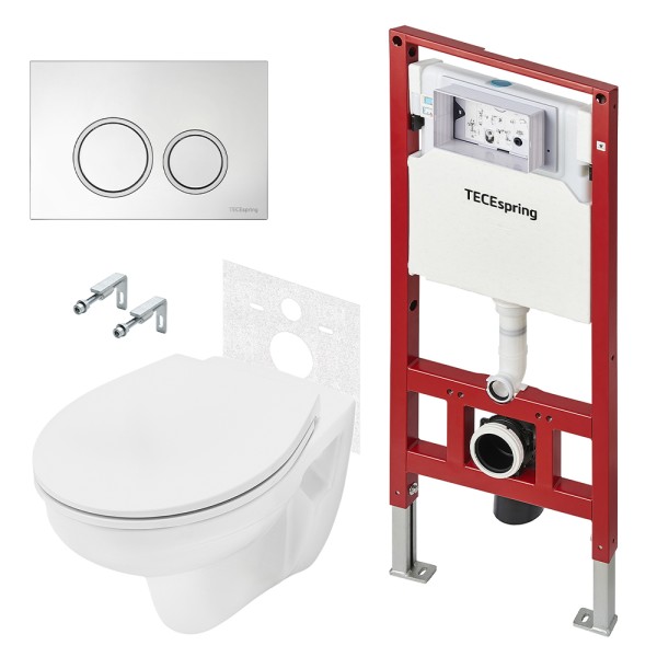 Комплект для установки подвесного унитаза: застенный модуль, панель смыва TECEspring R, хром глянцевый с хромированным контуром клавиш, унитаз TECE Basic